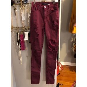 Fashion nova maroon distressed skinny jeans